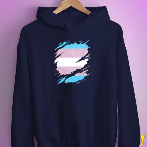 Transgender Pride Flag Ripped Reveal Hoodie - Navy